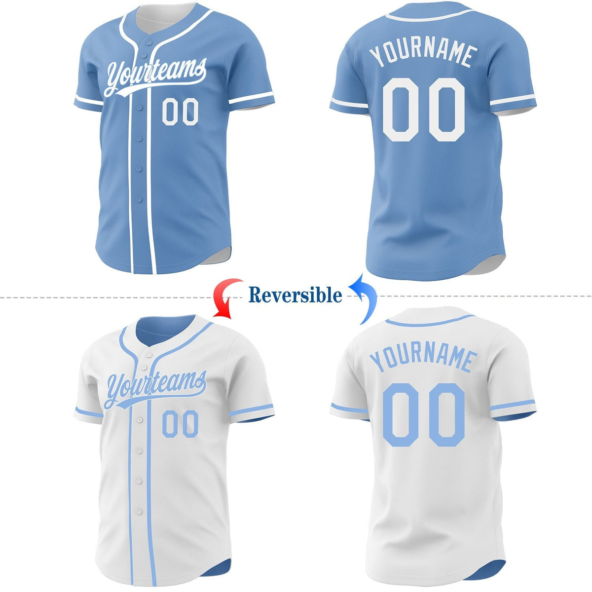 Custom Light Blue-White Reversible Button-Down Baseball Jersey photo 2