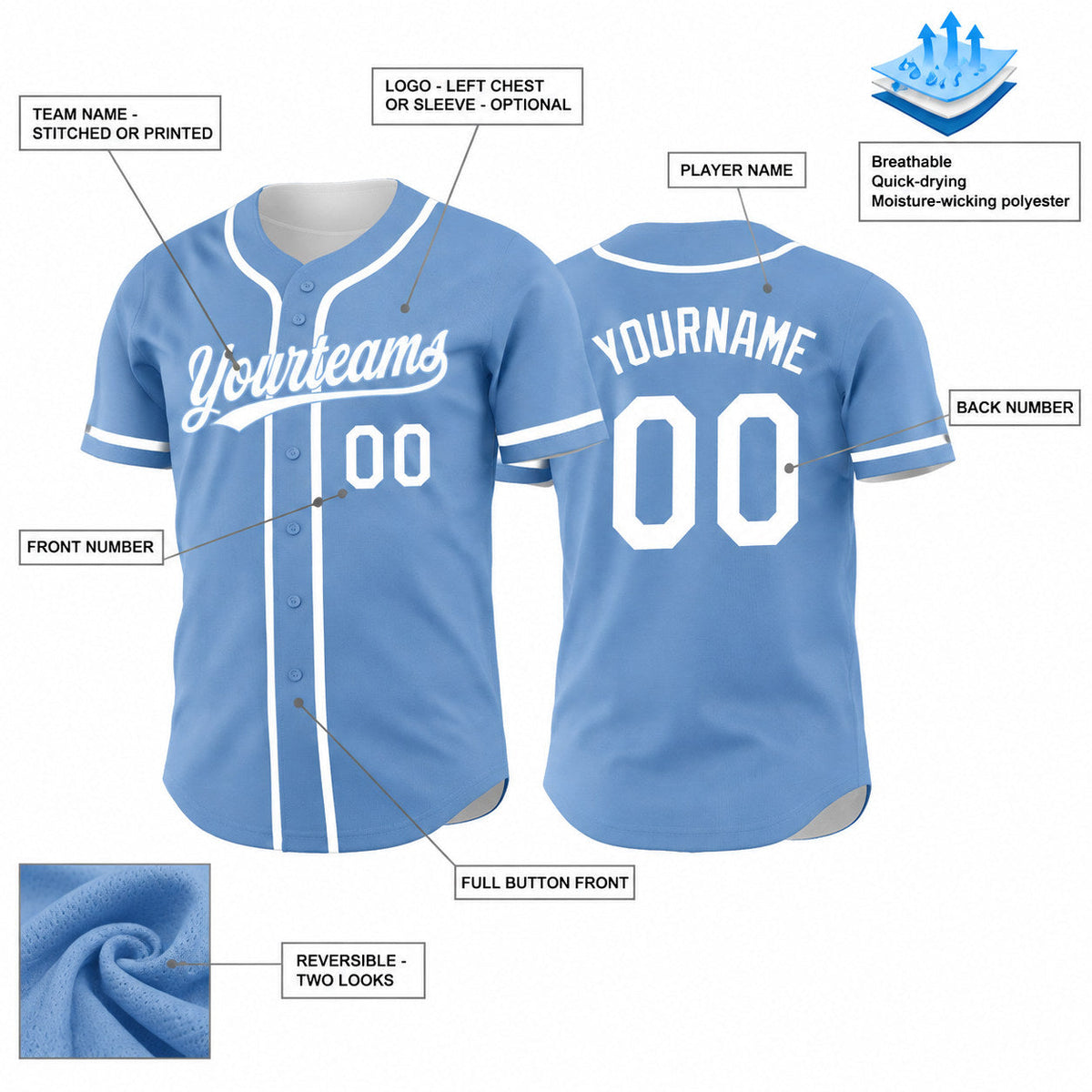 Custom Light Blue and White Button Down Reversible Baseball Jersey customization guide