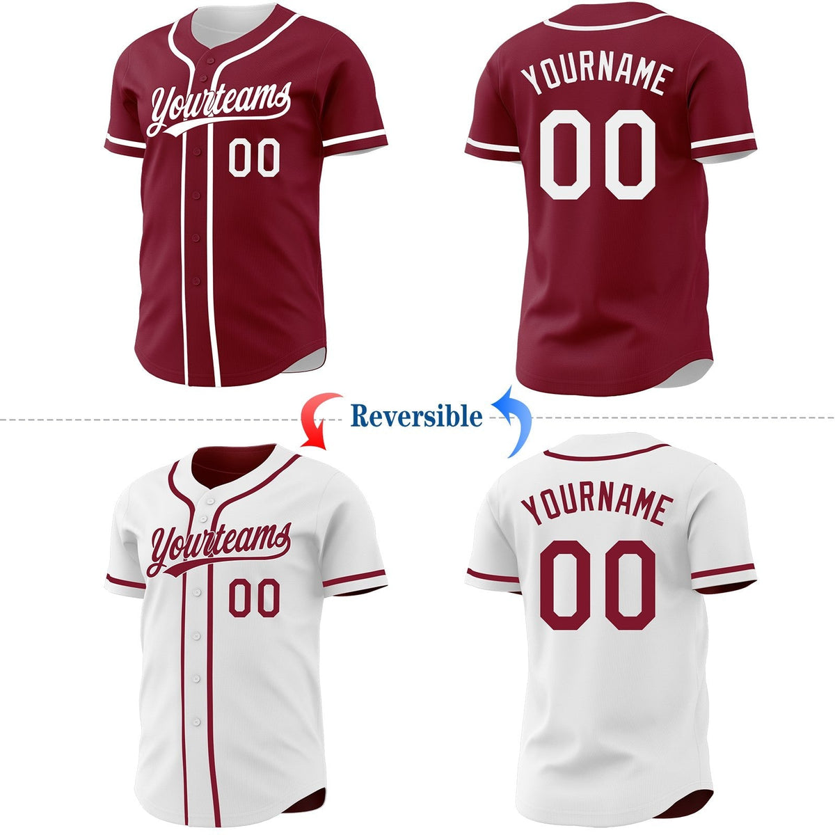 Custom Crimson-White Reversible Button-Down Baseball Jersey photo 2