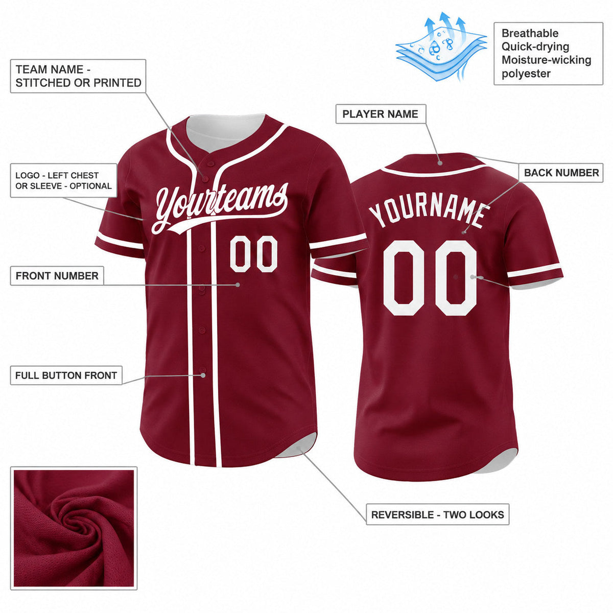 Custom Crimson and White Button Down Reversible Baseball Jersey customization guide