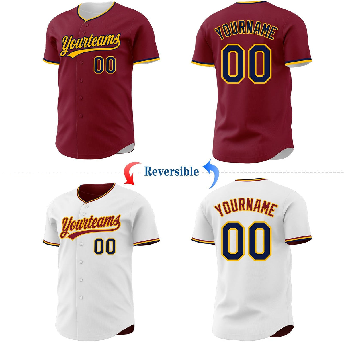 Custom Crimson Navy-Gold Reversible Button-Down Baseball Jersey photo 2