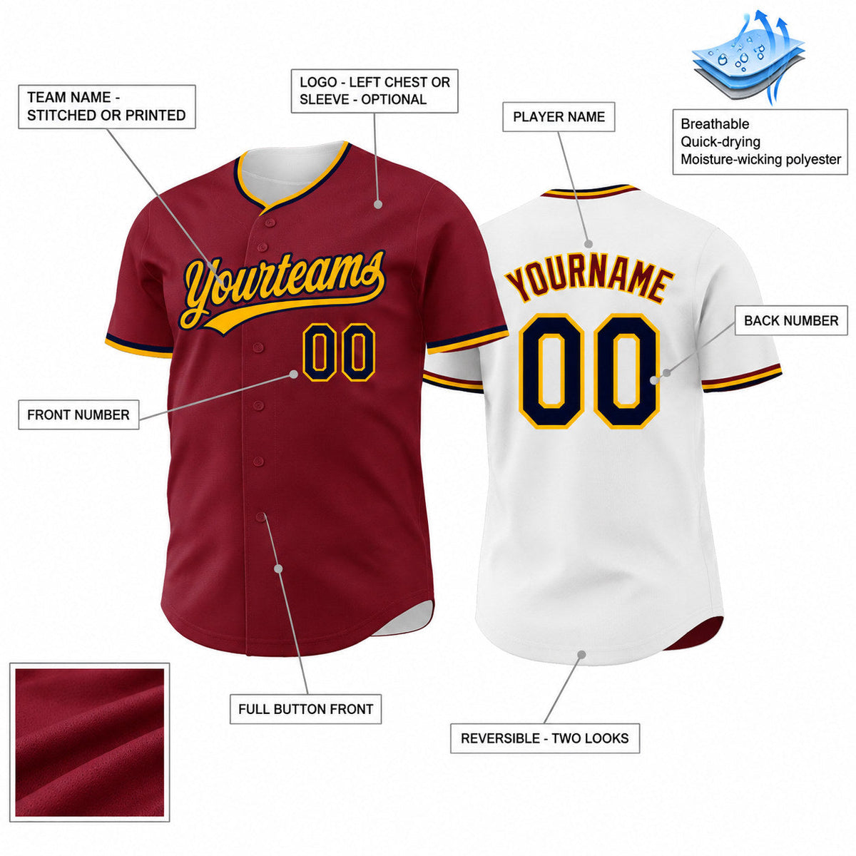 Custom Crimson Button Down Reversible Baseball Jersey with Navy and Gold Lettering customization guide
