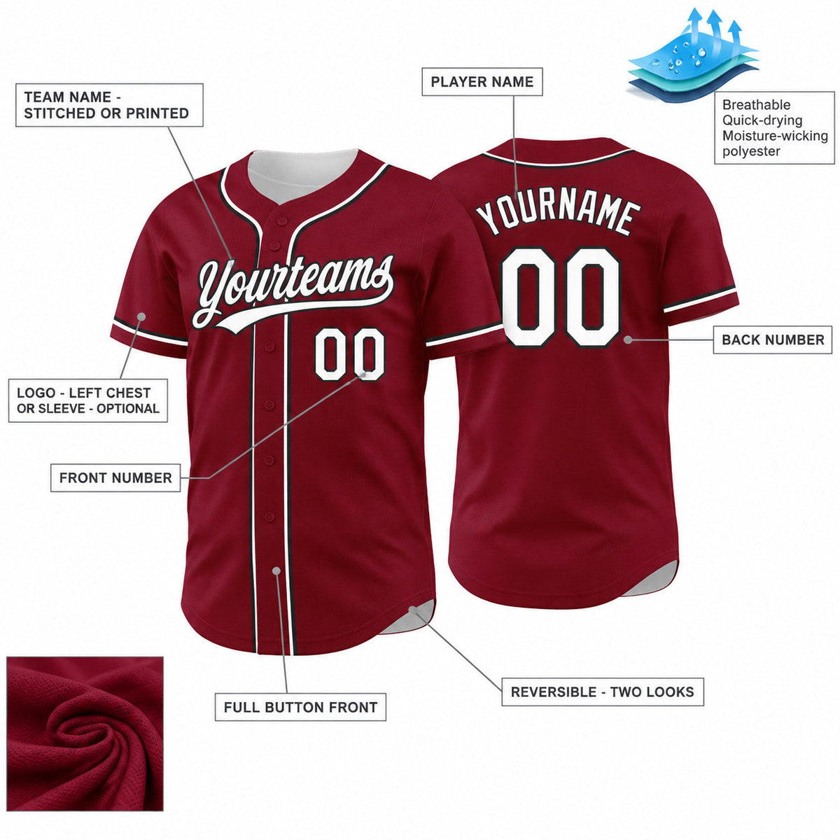 Custom Crimson Button Down Reversible Baseball Jersey with White and Black Lettering customization guide