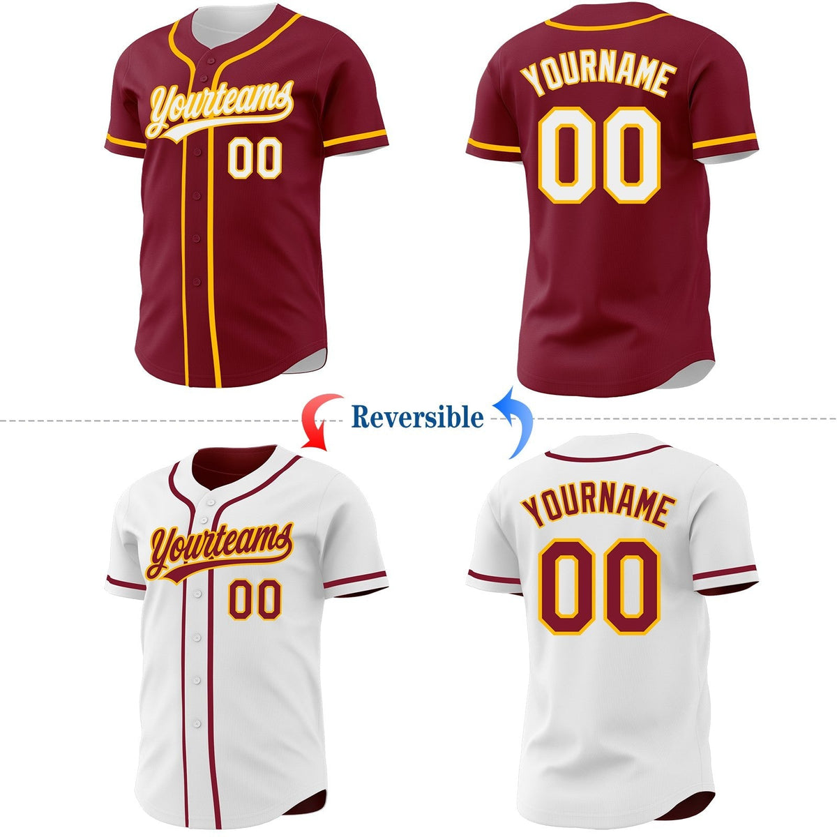 Custom Crimson White-Gold Reversible Button-Down Baseball Jersey photo 2