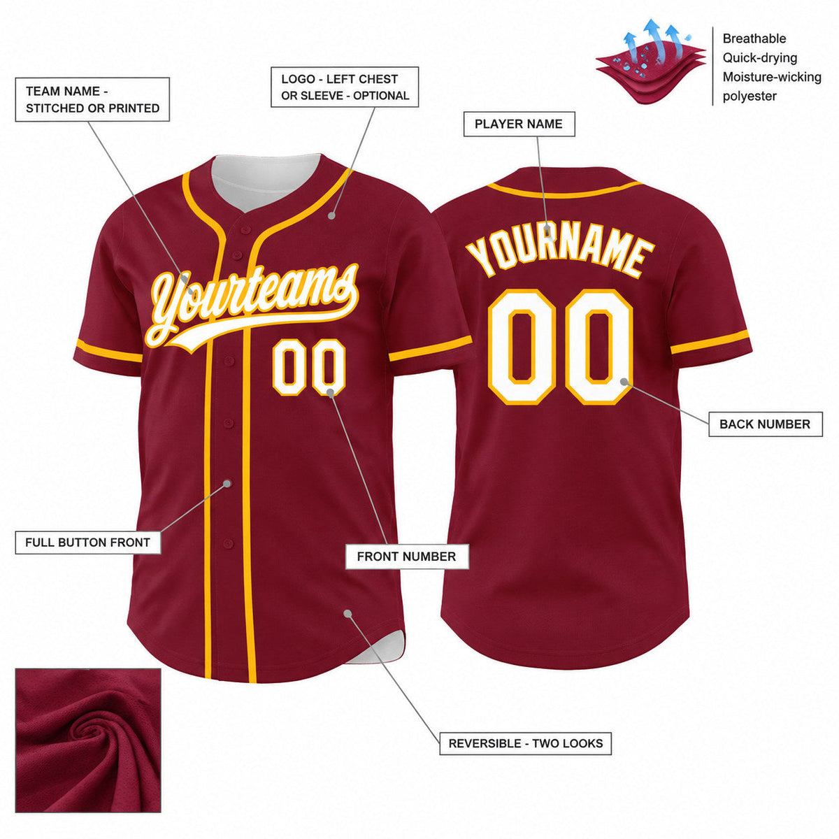 Custom Crimson Button Down Reversible Baseball Jersey with White and Gold Lettering Design 1675 customization guide