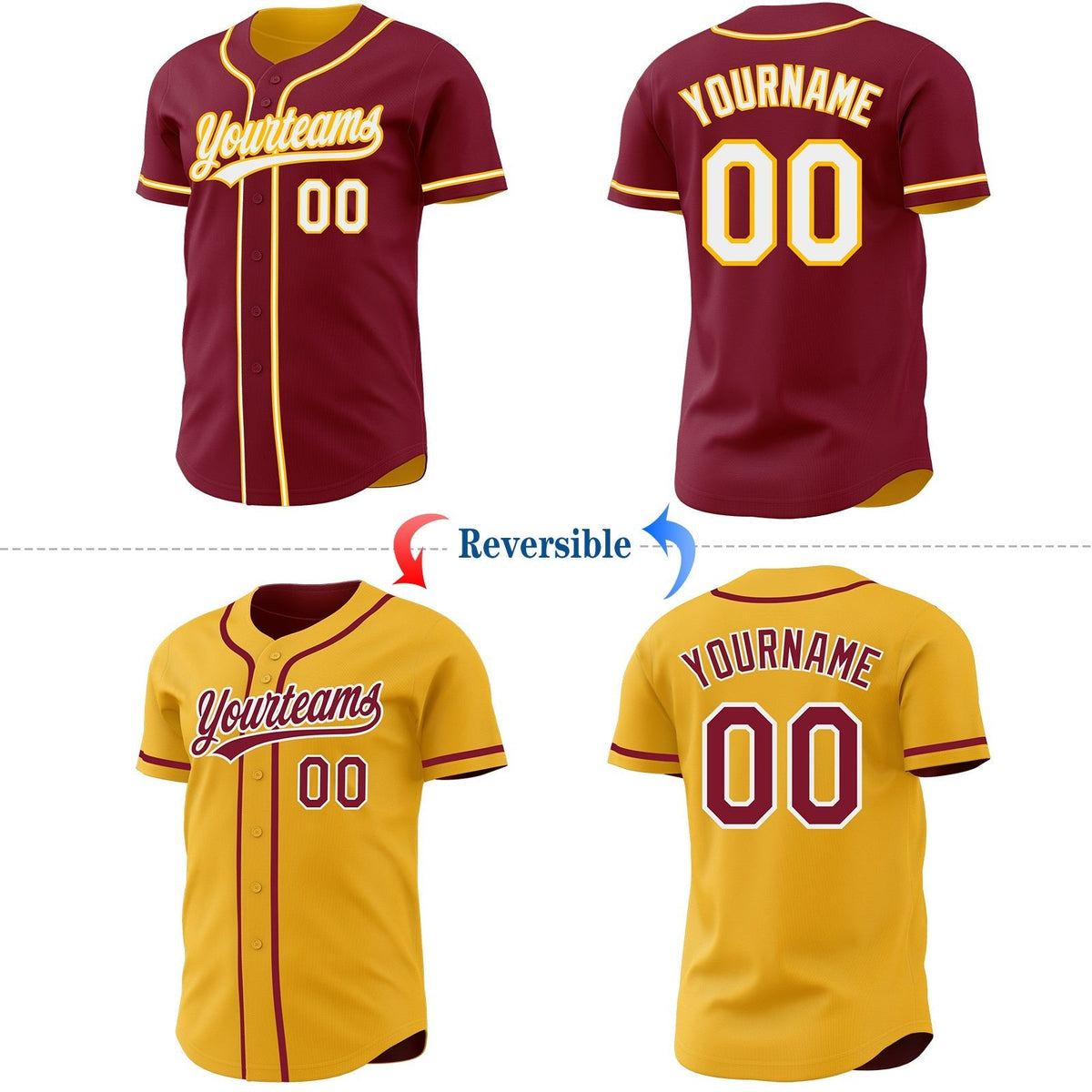 Custom Crimson White-Gold Reversible Button-Down Baseball Jersey photo 2