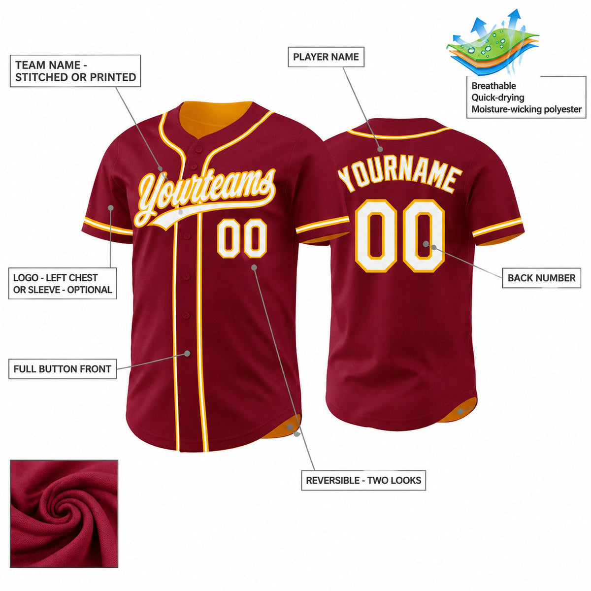 Custom Crimson Button Down Reversible Baseball Jersey with White and Gold Lettering Design 1676 customization guide