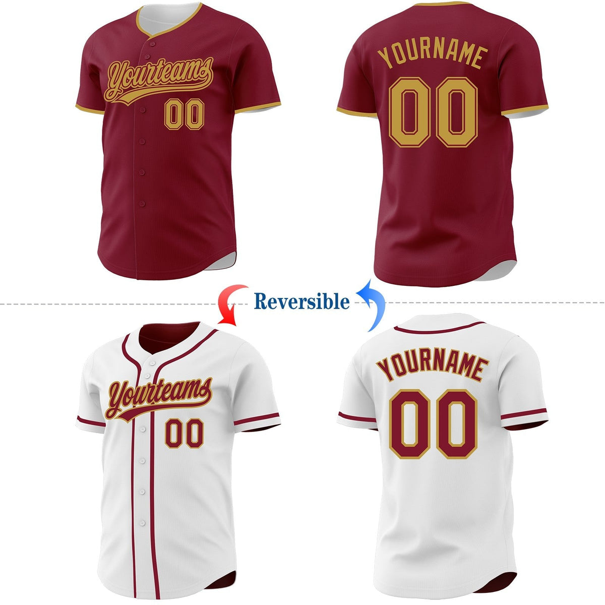 Custom Crimson-Old Gold Reversible Button-Down Baseball Jersey photo 2