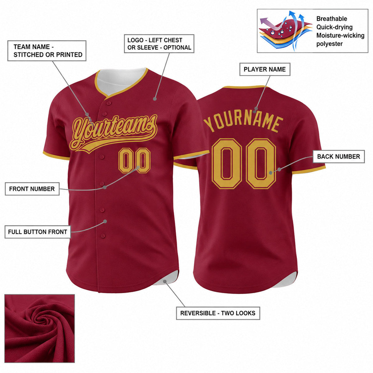 Custom Crimson and Old Gold Button Down Reversible Baseball Jersey customization guide