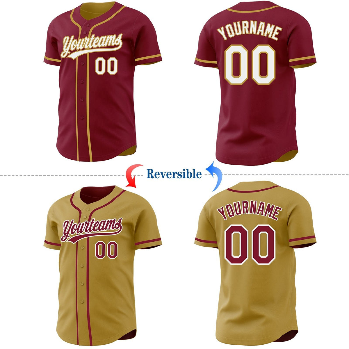 Custom Crimson White-Old Gold Reversible Button-Down Baseball Jersey photo 2