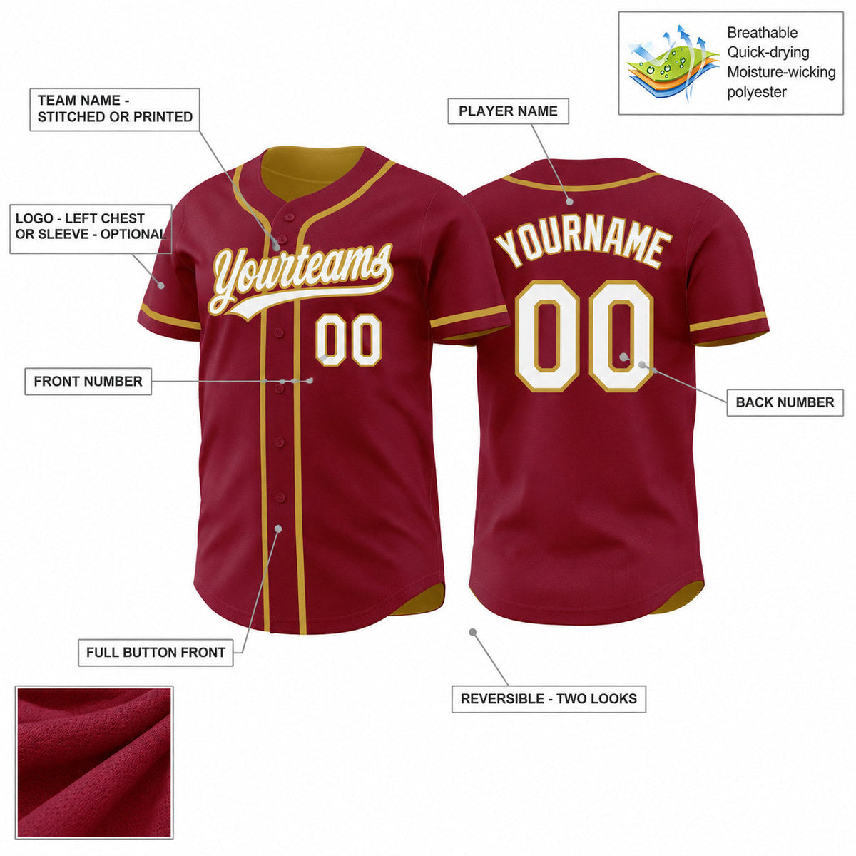 Custom Crimson Button Down Reversible Baseball Jersey with White and Old Gold Lettering customization guide