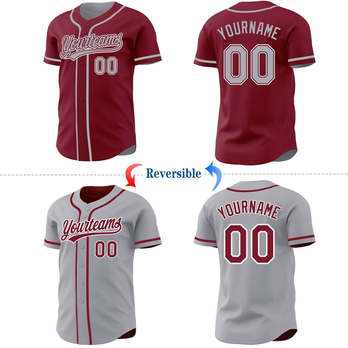 Custom Crimson Gray-White Reversible Button-Down Baseball Jersey photo 2