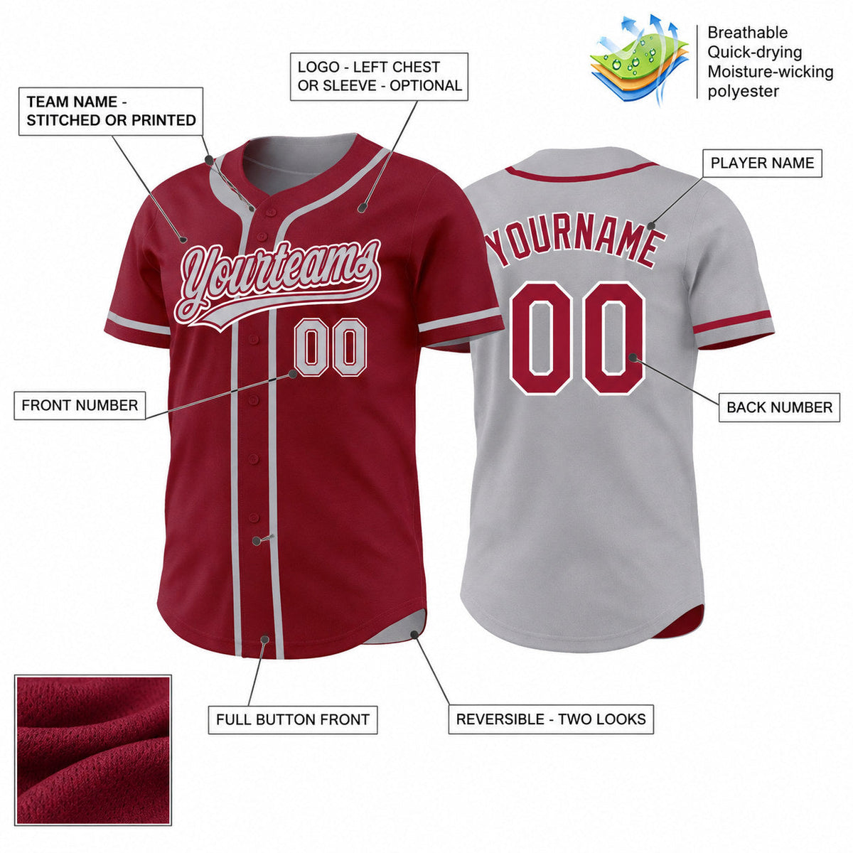 Custom Crimson Button Down Reversible Baseball Jersey with Gray and White Lettering customization guide