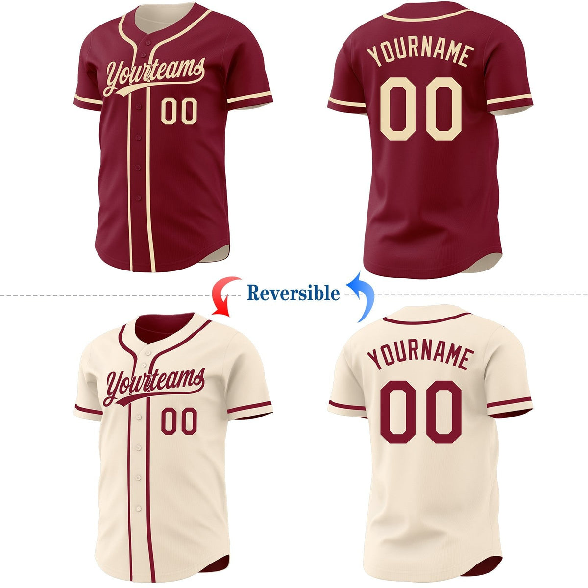 Custom Crimson-Cream Reversible Button-Down Baseball Jersey photo 2