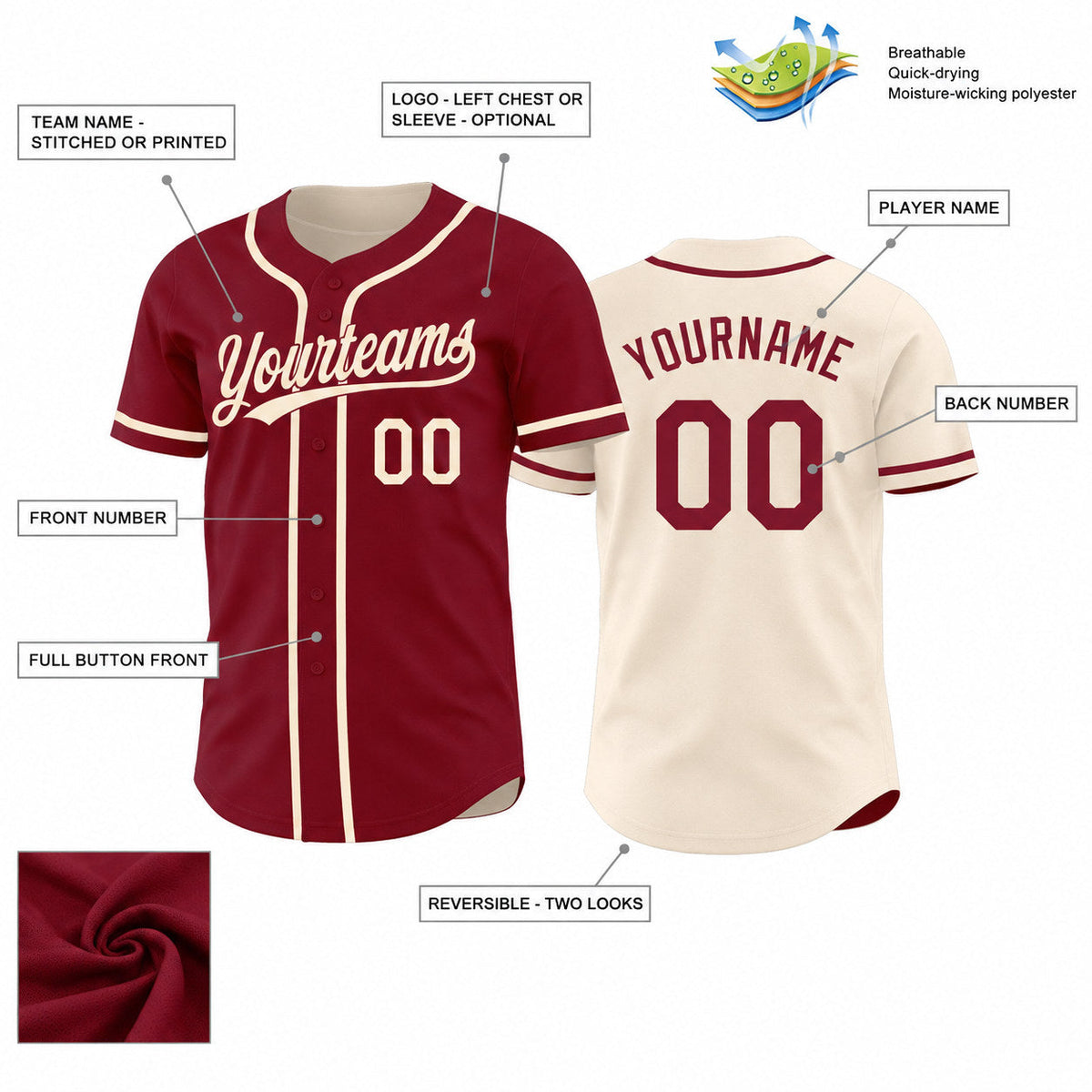 Custom Crimson and Cream Button Down Reversible Baseball Jersey customization guide