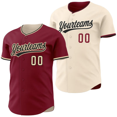 Custom Crimson Button Down Reversible Baseball Jersey with Black and Cream Lettering
