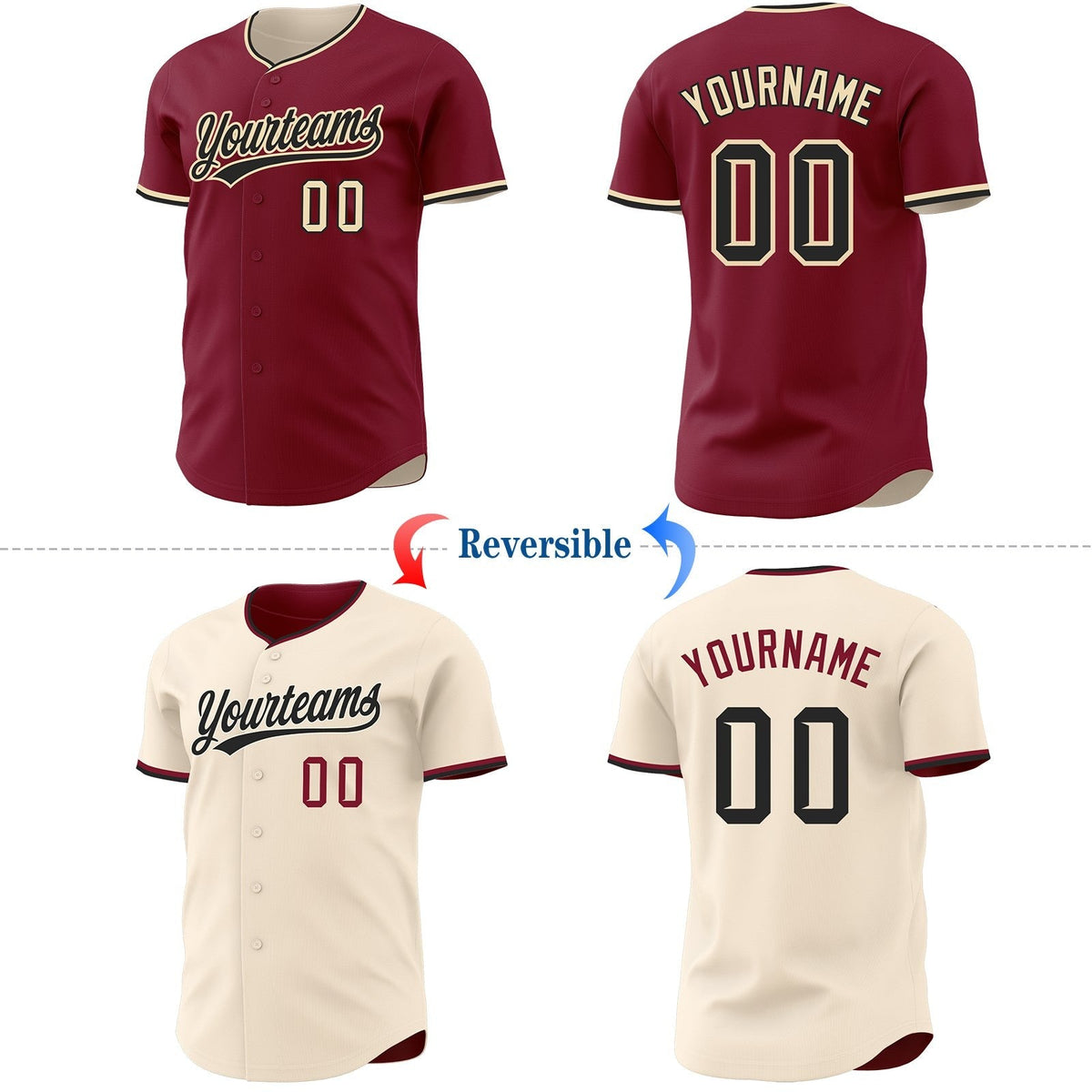 Custom Crimson Black-Cream Reversible Button-Down Baseball Jersey photo 2