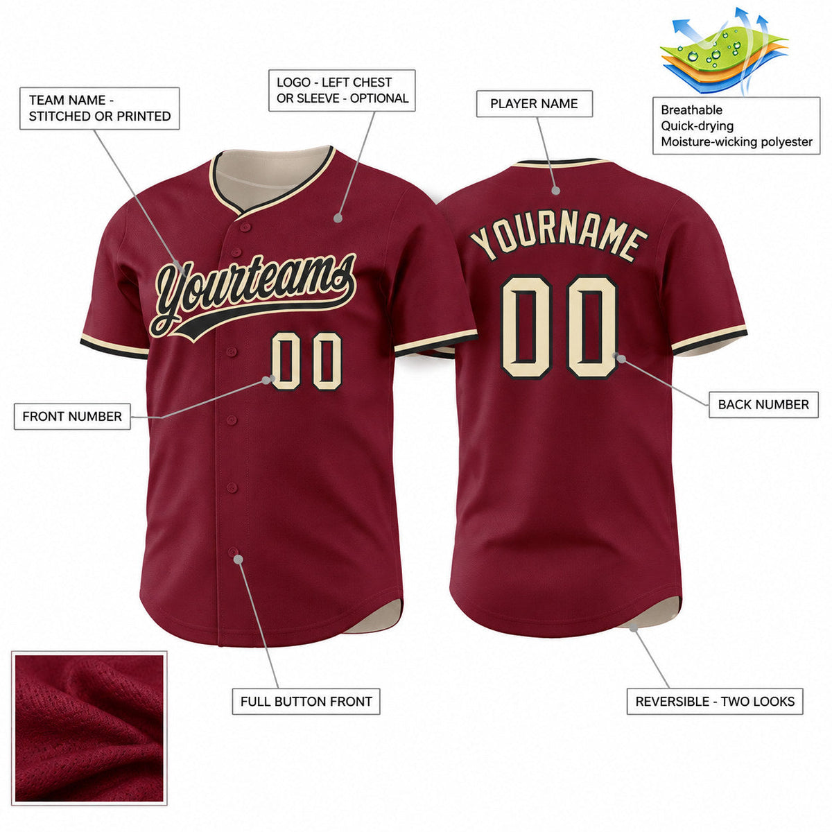 Custom Crimson Button Down Reversible Baseball Jersey with Black and Cream Lettering customization guide