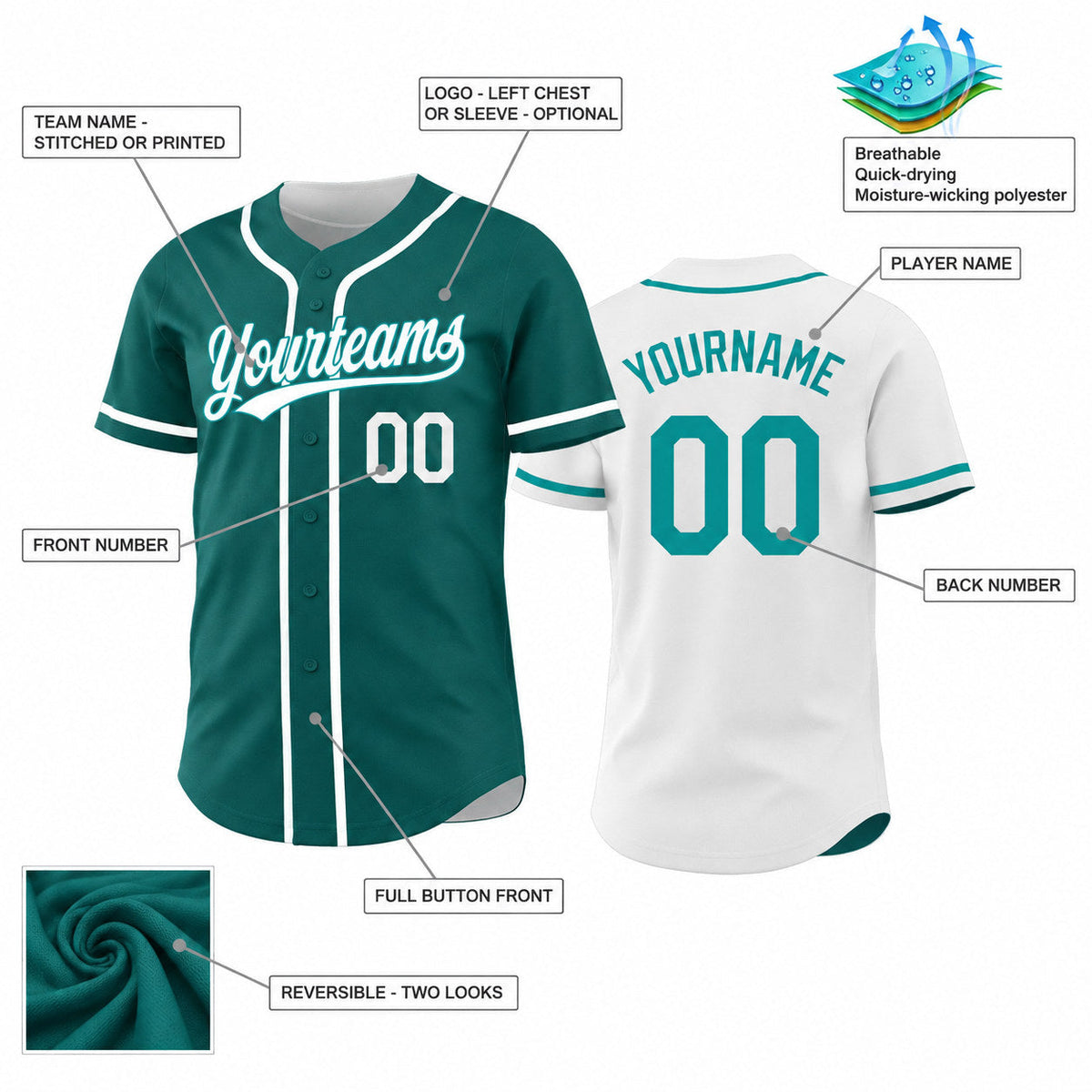 Custom Teal and White Button Down Reversible Baseball Jersey customization guide