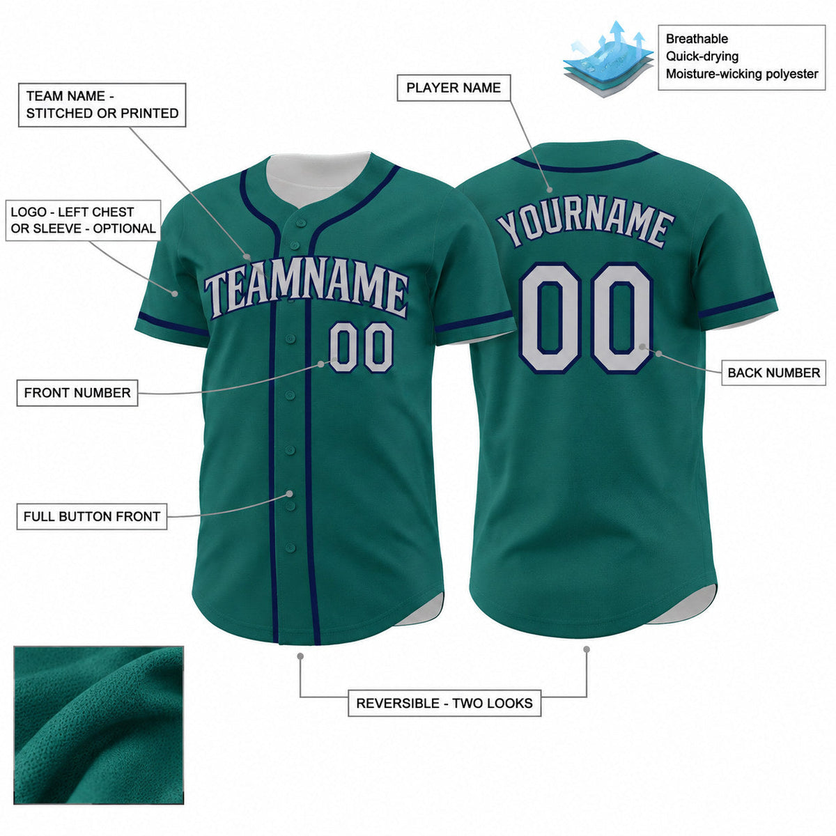 Custom Teal Button Down Reversible Baseball Jersey with Gray and Navy Lettering customization guide