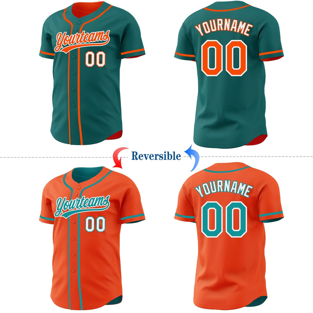 Custom Teal Orange-White Reversible Button-Down Baseball Jersey photo 2