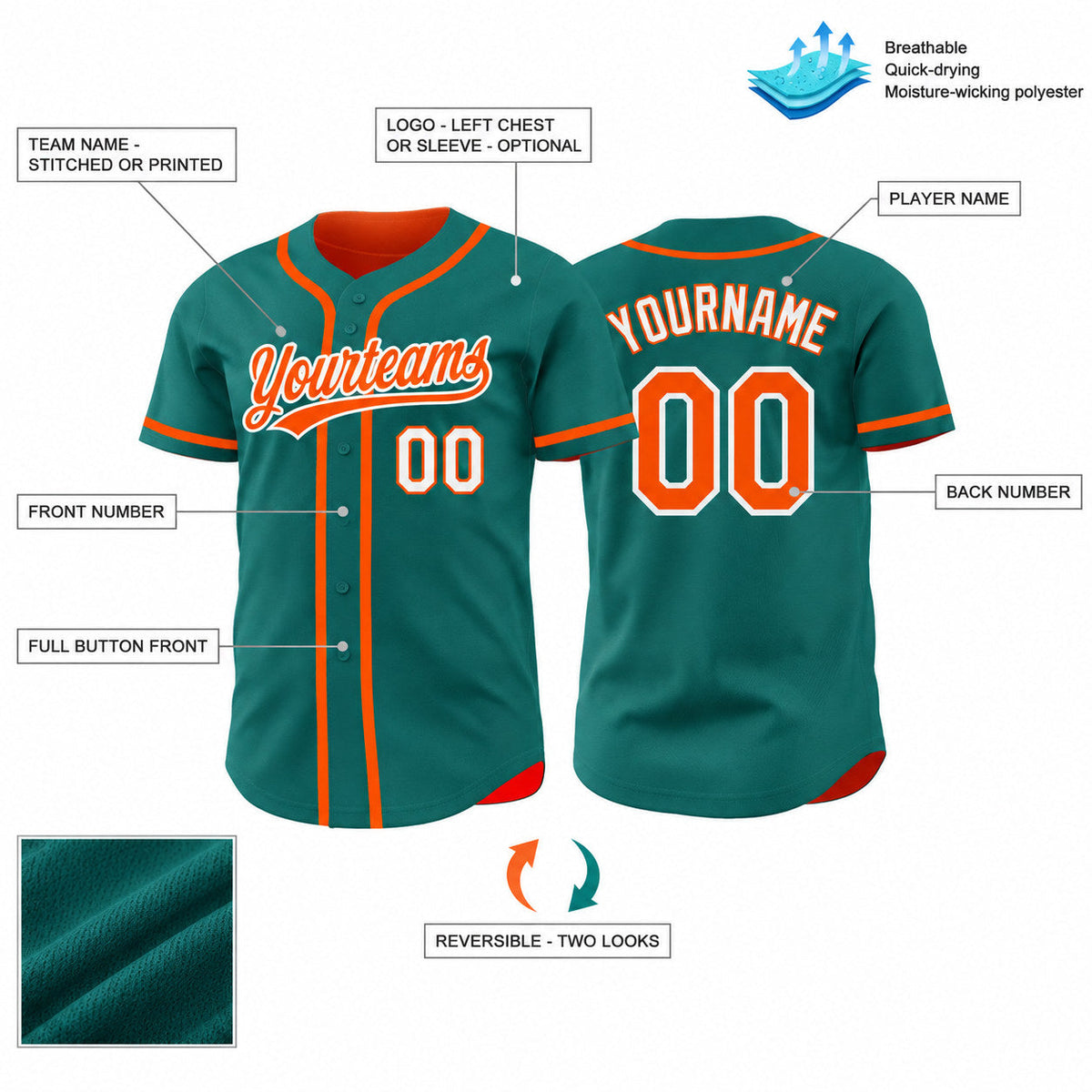Custom Teal Button Down Reversible Baseball Jersey with Orange and White Lettering customization guide