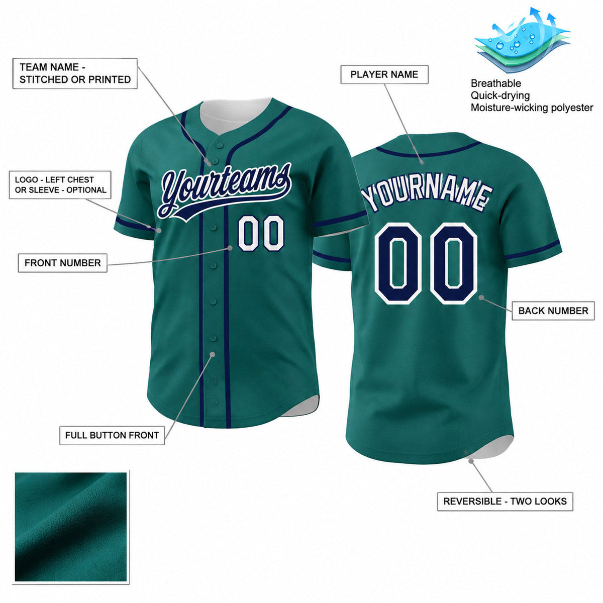 Custom Teal Button Down Reversible Baseball Jersey with Navy and White Lettering customization guide