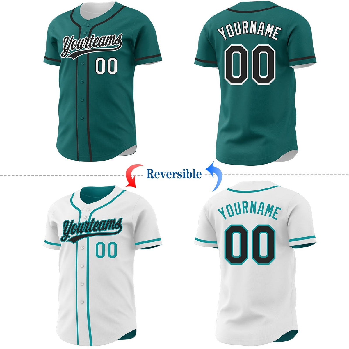 Custom Teal Black-White Reversible Button-Down Baseball Jersey photo 2