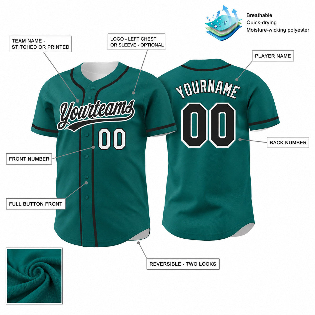 Custom Teal Button Down Reversible Baseball Jersey with Black and White Lettering customization guide