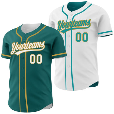 Custom Teal Button Down Reversible Baseball Jersey with White and Old Gold Lettering