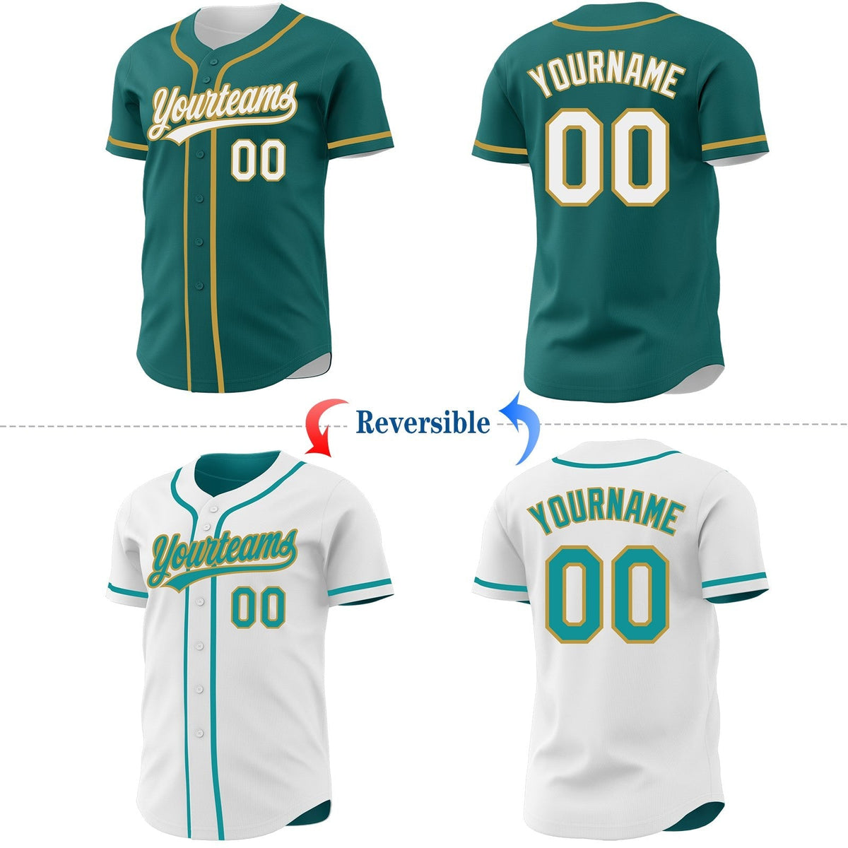 Custom Teal White-Old Gold Reversible Button-Down Baseball Jersey photo 2