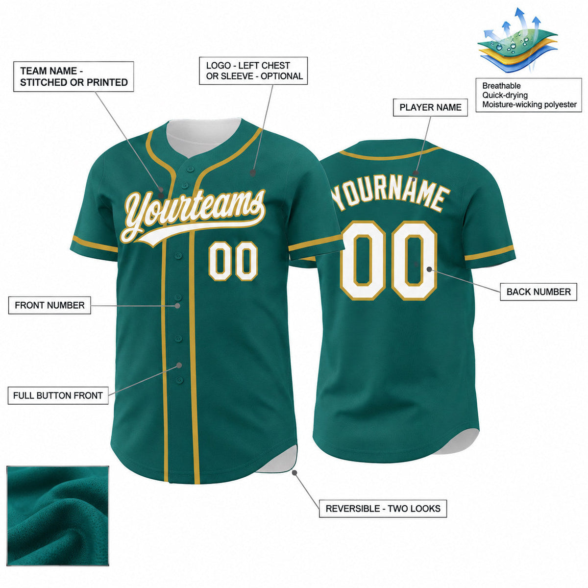 Custom Teal Button Down Reversible Baseball Jersey with White and Old Gold Lettering customization guide