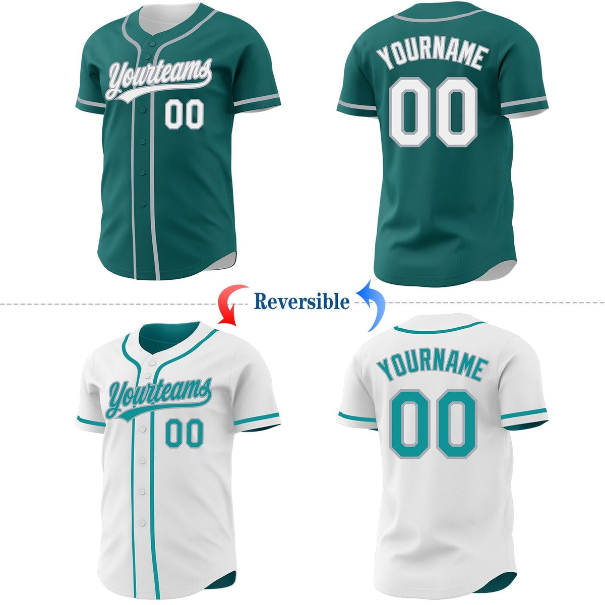 Custom Teal White-Gray Reversible Button-Down Baseball Jersey photo 2