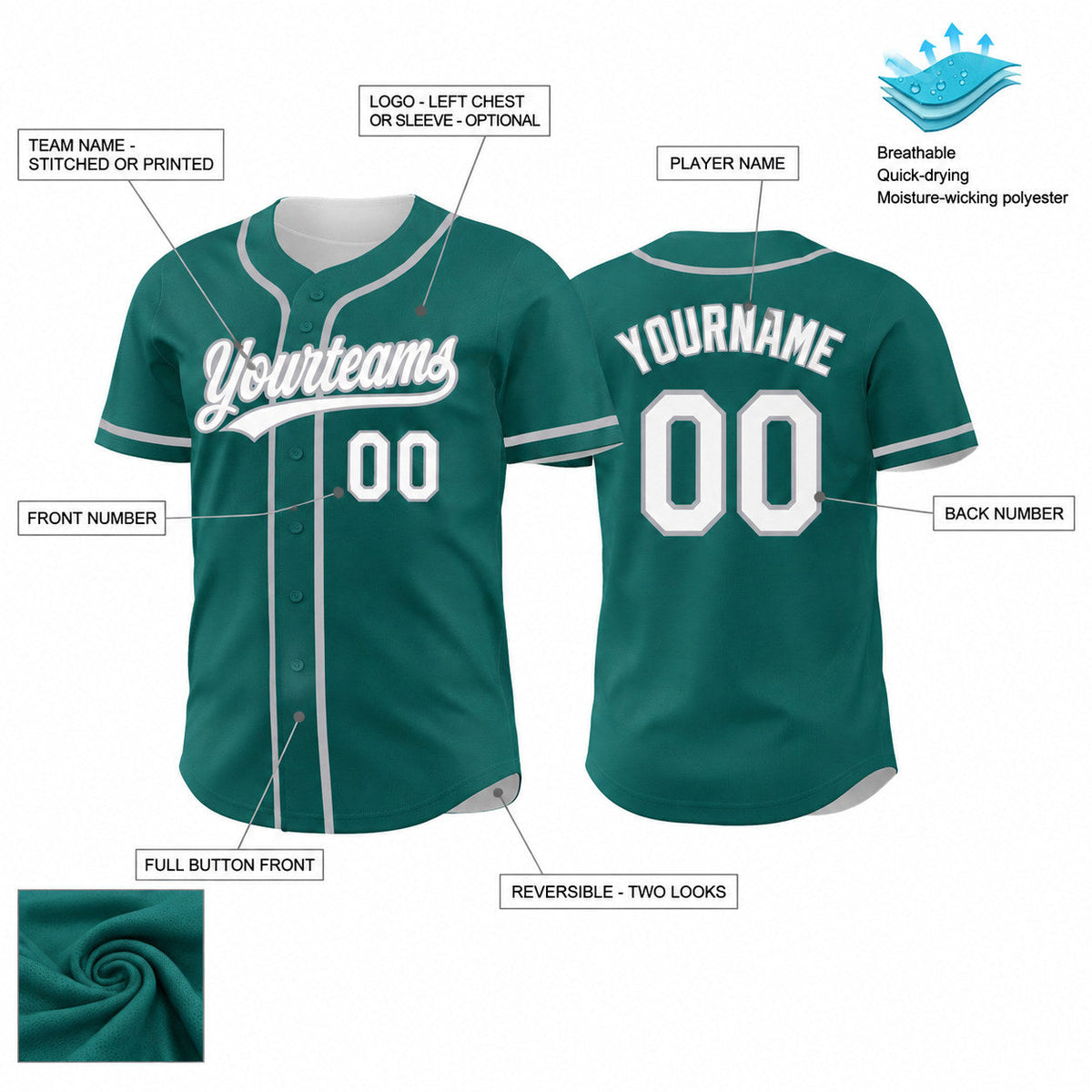 Custom Teal Button Down Reversible Baseball Jersey with White and Gray Lettering customization guide
