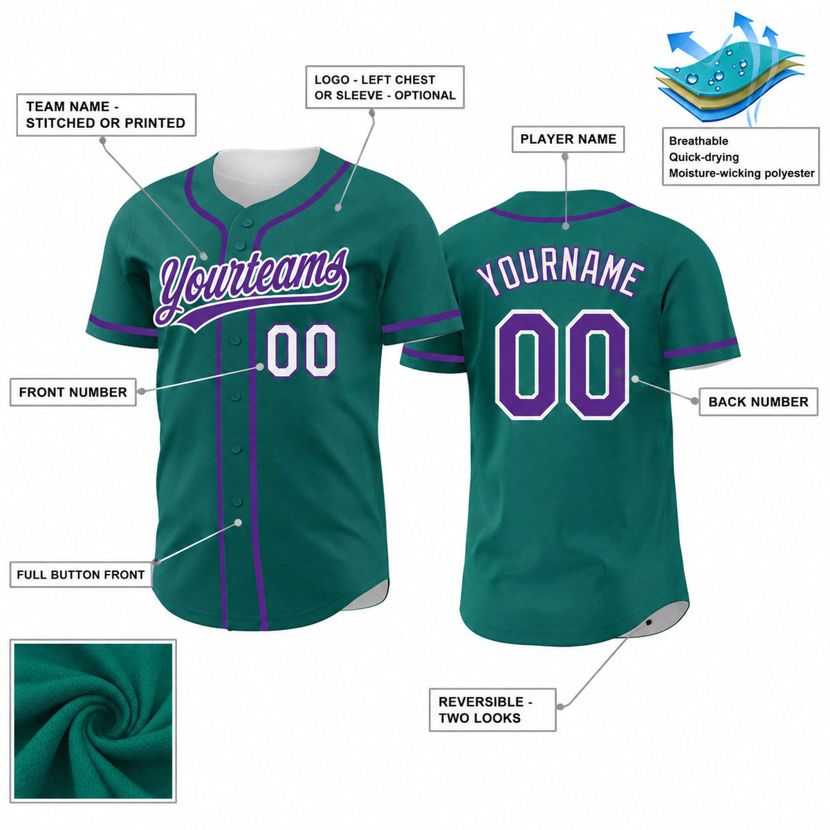 Custom Teal Button Down Reversible Baseball Jersey with Purple and White Lettering customization guide