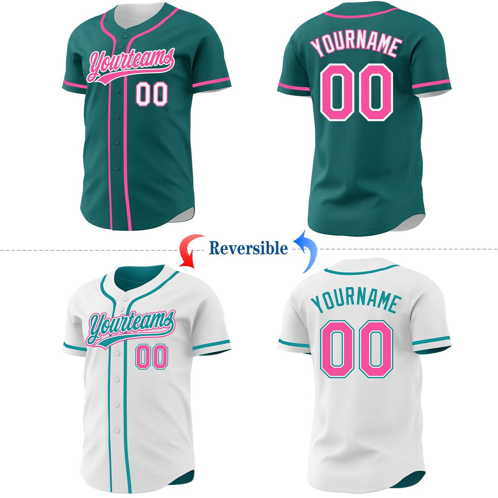Custom Teal Pink-White Reversible Button-Down Baseball Jersey photo 2