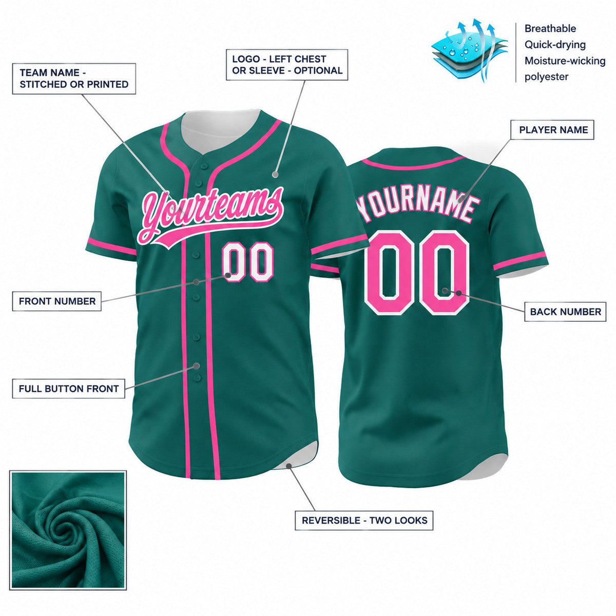 Custom Teal Button Down Reversible Baseball Jersey with Pink and White Lettering customization guide