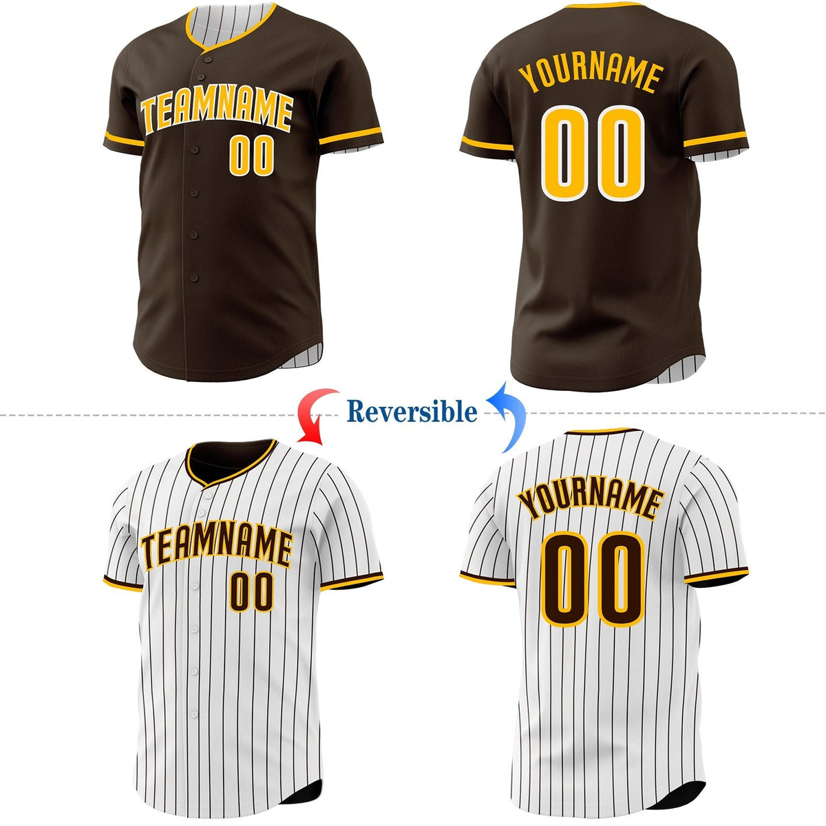 Custom Brown White Brown Pinstripe Reversible Button-Down Baseball Jersey photo 2