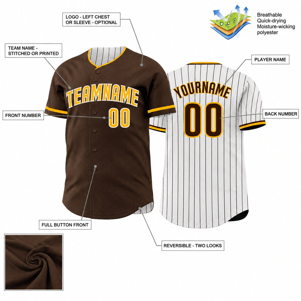 Custom Brown Button Down Pinstripe Reversible Baseball Jersey with White Lettering customization guide