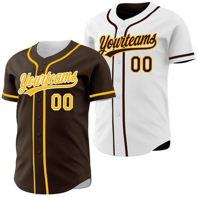 Custom Brown Button Down Reversible Baseball Jersey with Gold and White Lettering