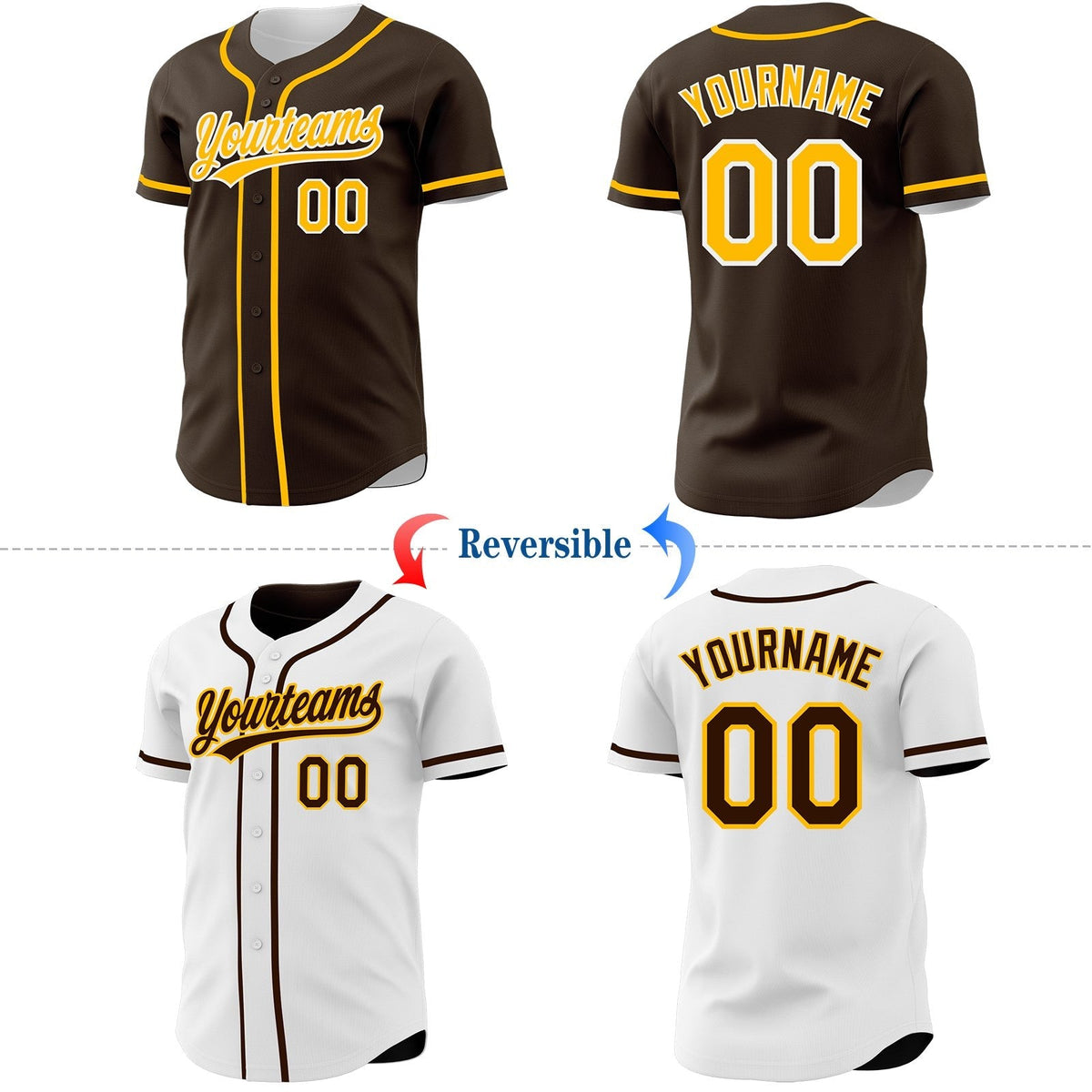Custom Brown Gold-White Reversible Button-Down Baseball Jersey photo 2