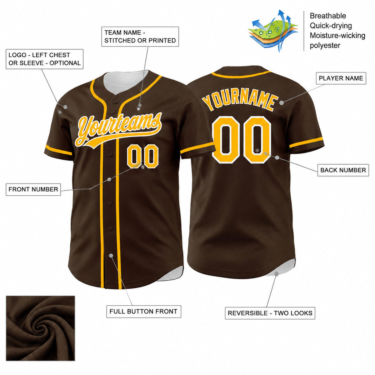 Custom Brown Button Down Reversible Baseball Jersey with Gold and White Lettering customization guide