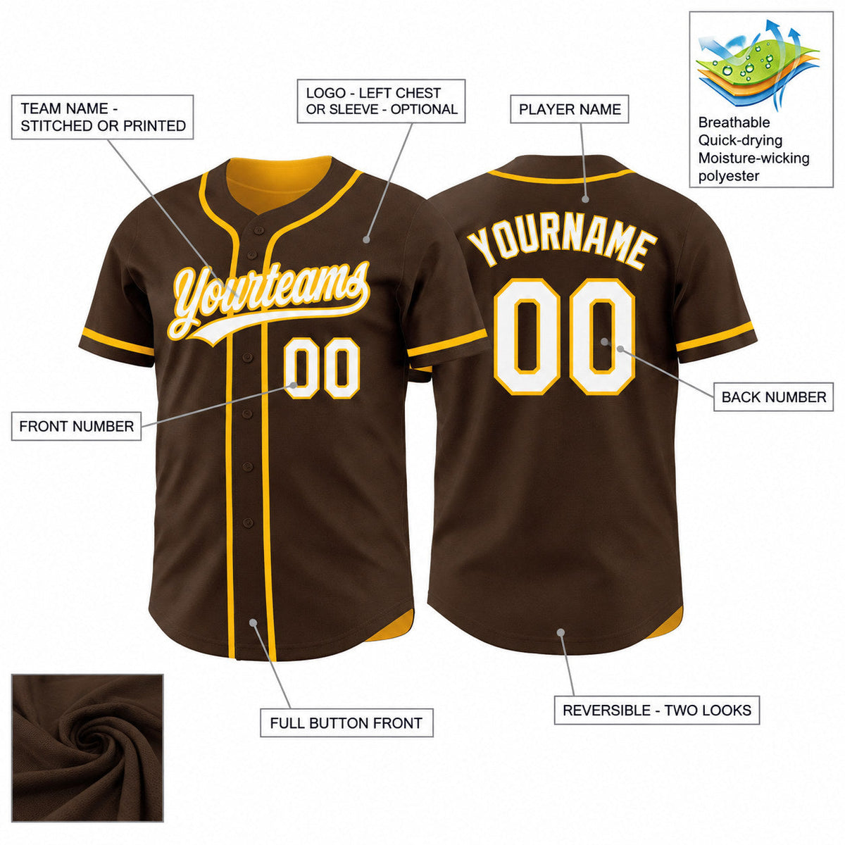 Custom Brown Button Down Reversible Baseball Jersey with White and Gold Lettering customization guide