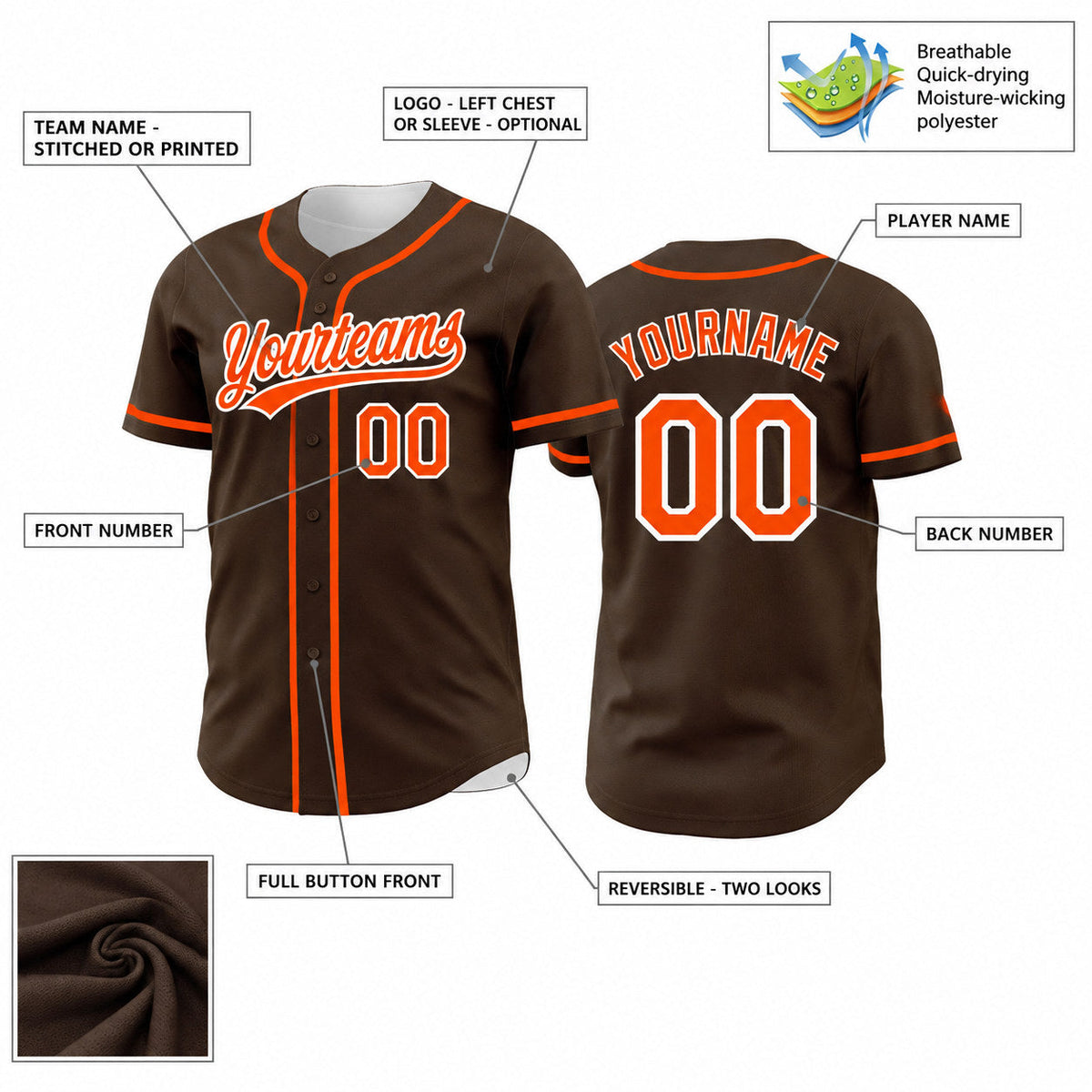 Custom Brown Button Down Reversible Baseball Jersey with Orange and White Lettering customization guide