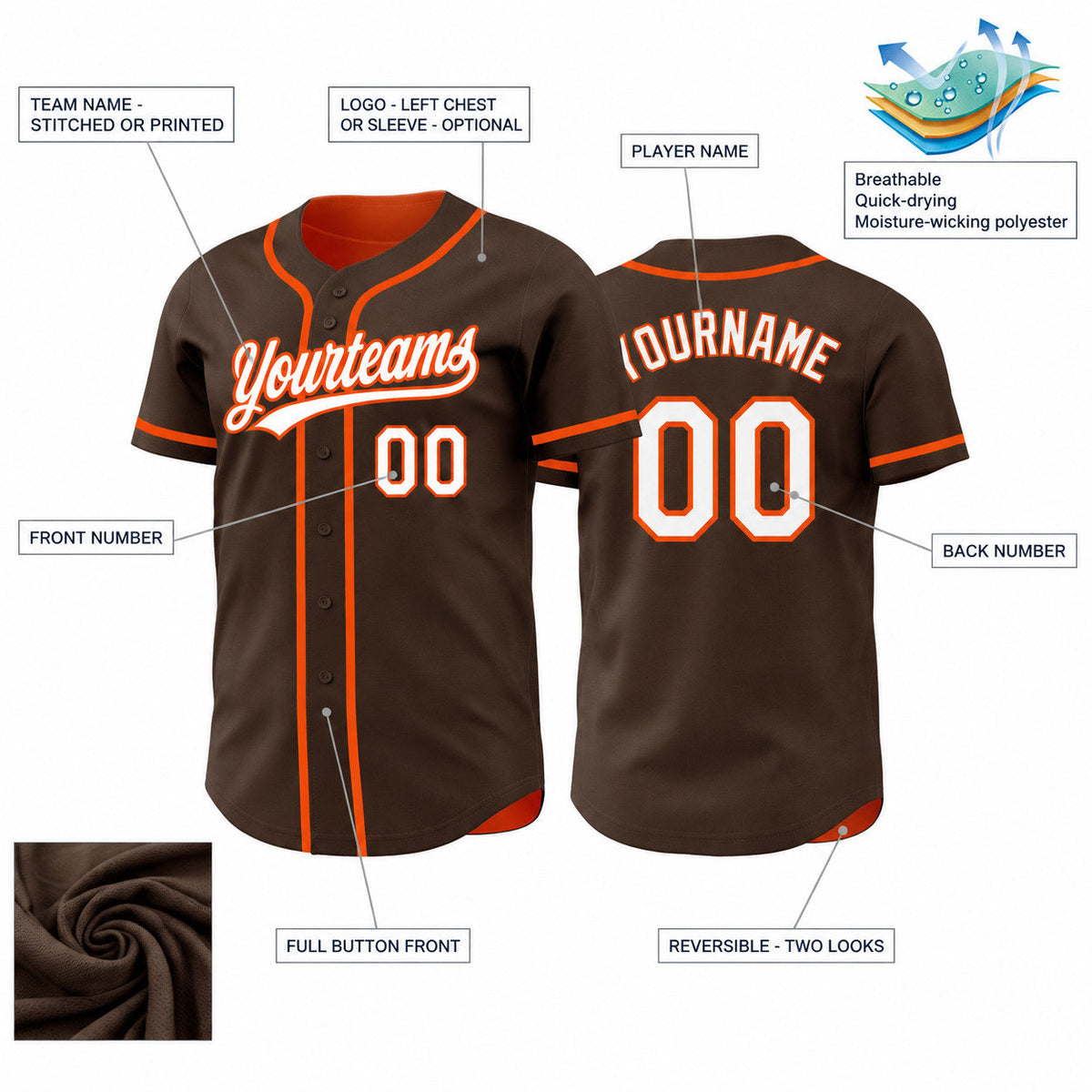 Custom Brown Button Down Reversible Baseball Jersey with White and Orange Lettering customization guide