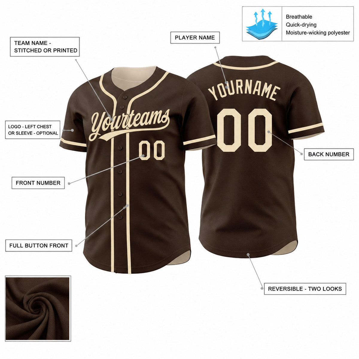 Custom Brown and Cream Button Down Reversible Baseball Jersey customization guide