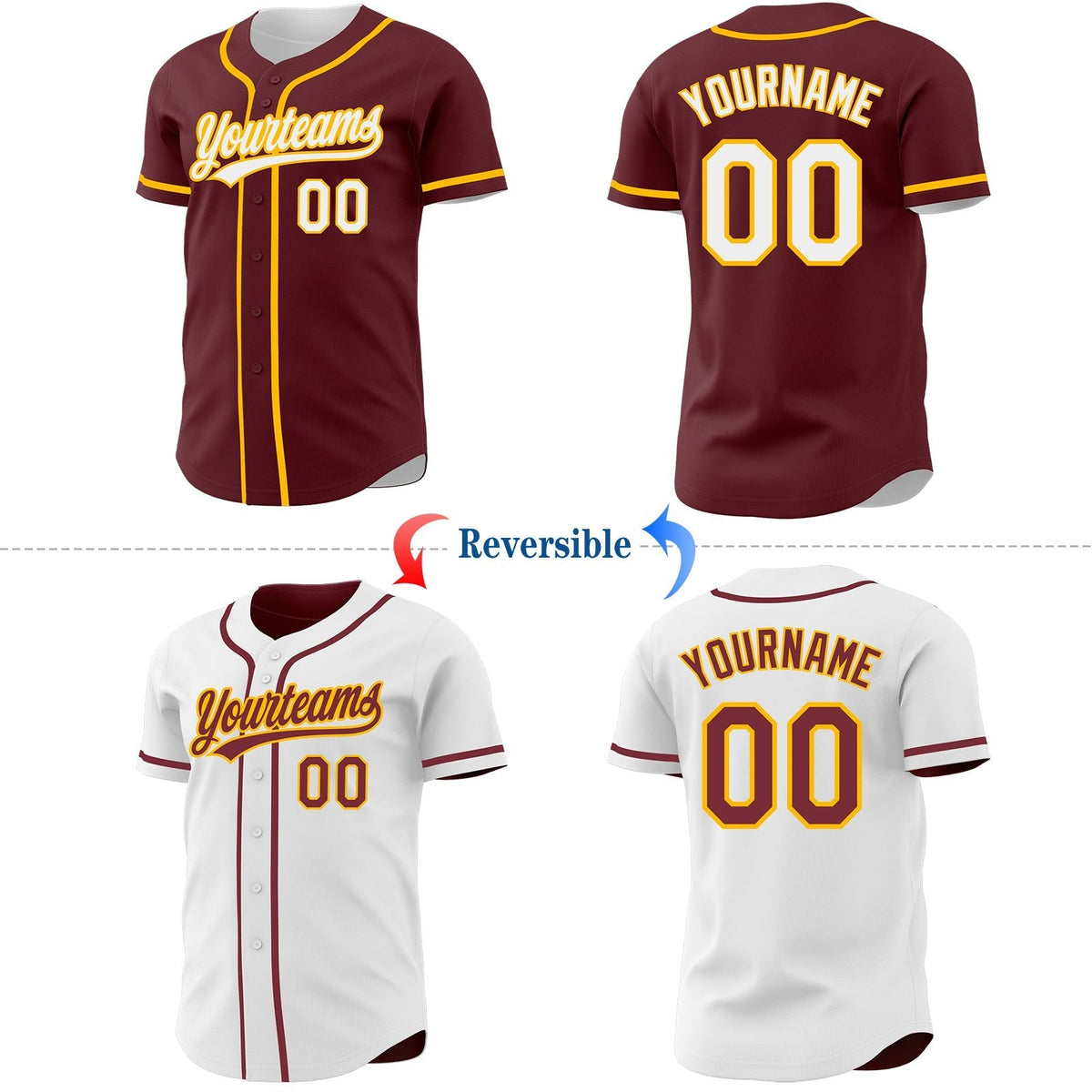 Custom Burgundy White-Gold Reversible Button-Down Baseball Jersey photo 2