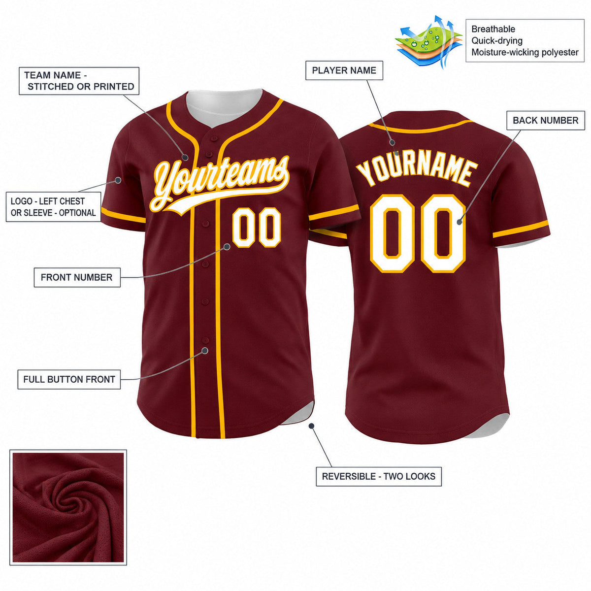 Custom Burgundy Button Down Reversible Baseball Jersey with White and Gold Lettering customization guide