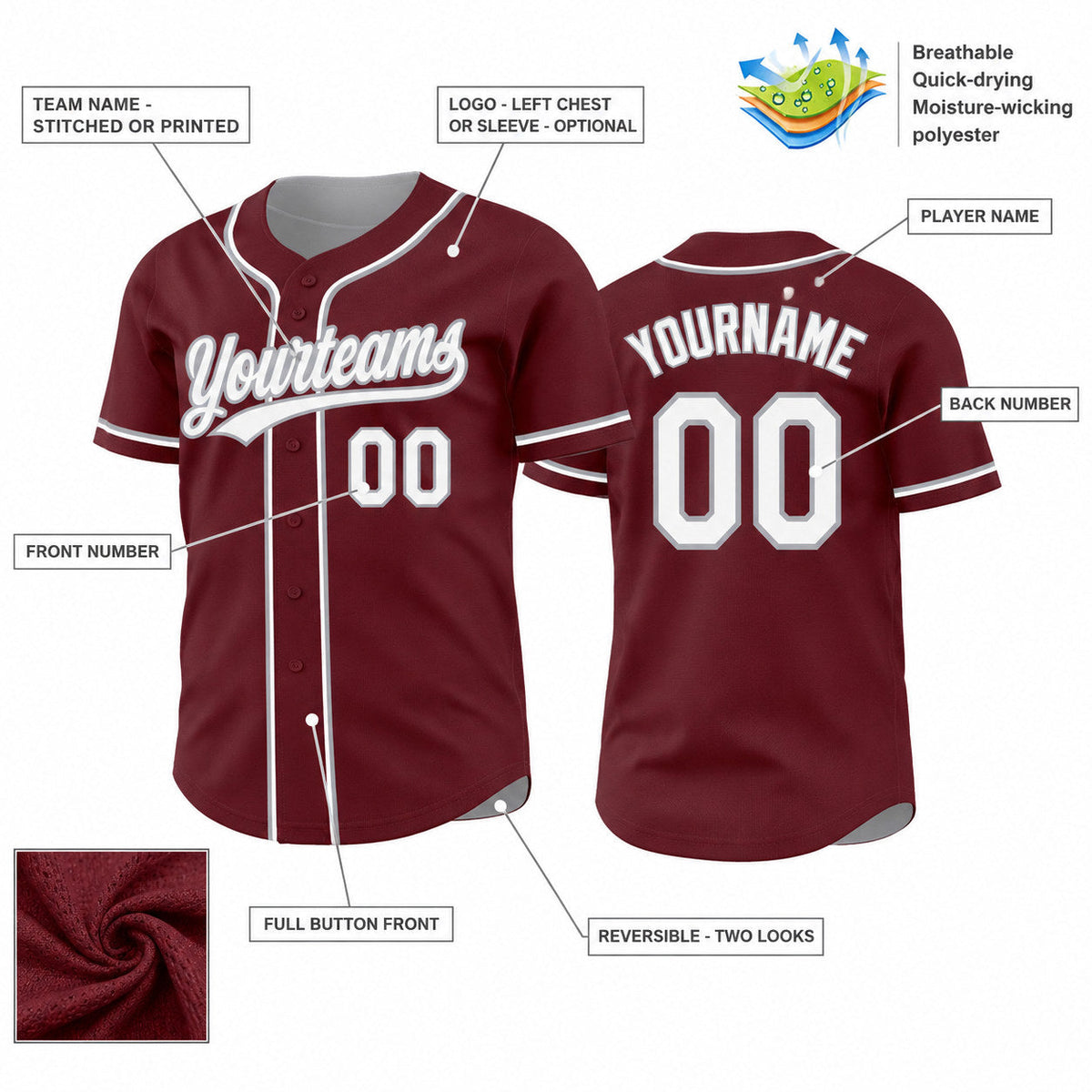 Custom Burgundy Button Down Reversible Baseball Jersey with White and Gray Lettering customization guide