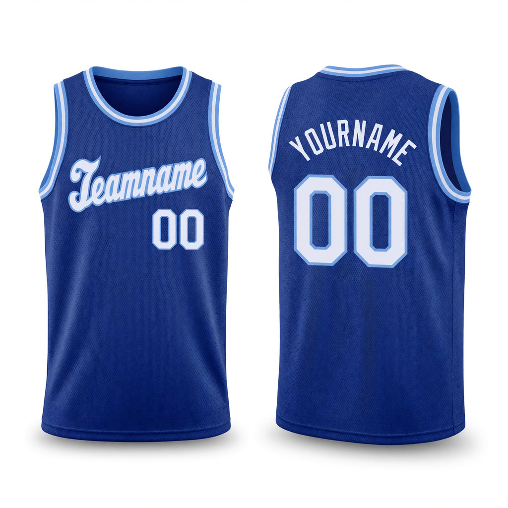 Custom Royal White-Light Blue Round Neck Rib-Knit Basketball Jersey